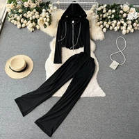 women solid sets hoodie metal chain ribbon sweatshirts tops and wide leg pants suits female fashion tracksuits two piece set