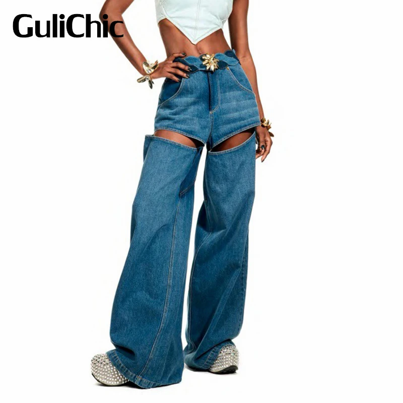 

7.27 GuliChic Women High Street Casual Sunflower Non-Removable Belt Hole Hollow Out Washed Wide Leg Jeans