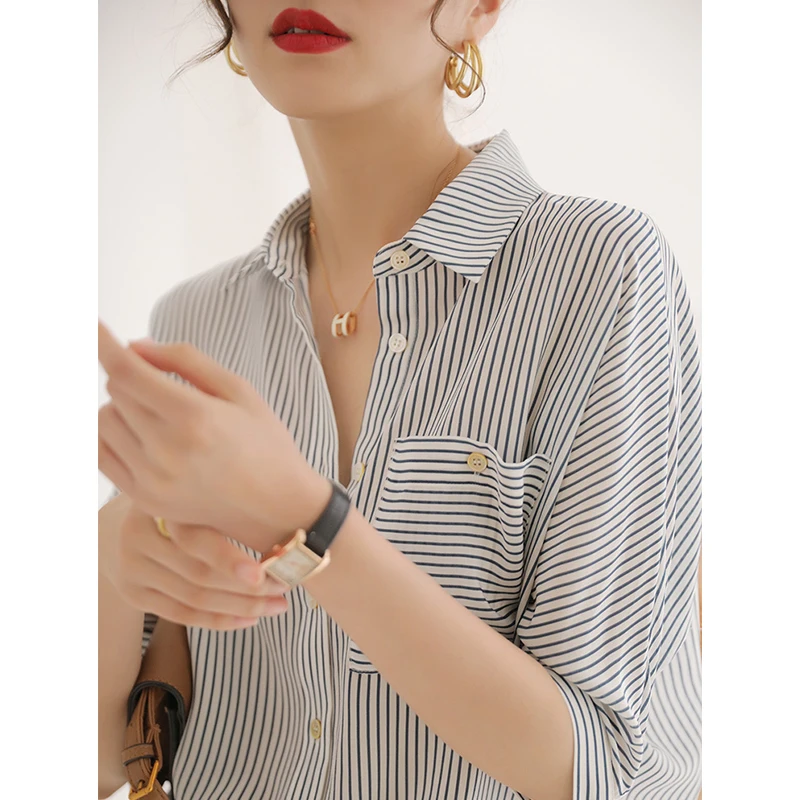 

Women Striped Shirts Blouses Summer 2022 New Casual Loose Fashion Drawstring Waist Chic Elegant Tops Plus Size Female blusas