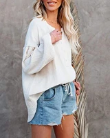 women solid color pullover summer fashion casual loose t shirts patchwork design v neck long lantern sleeve buttons blouses tops