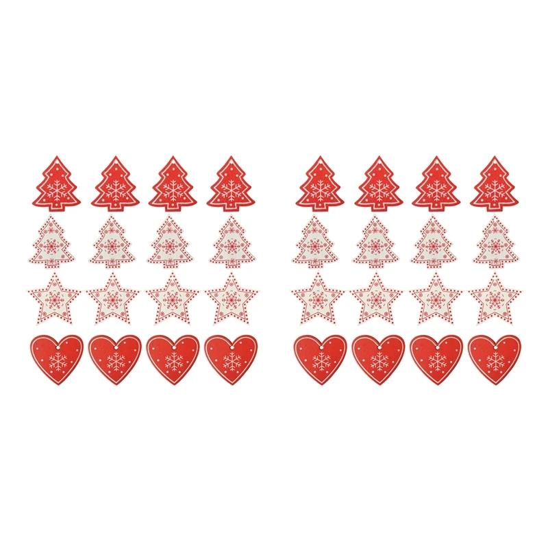 

32PCS Mixed DIY White&Red Tree/Heart/Star Wooden Ornaments For Christmas Party Xmas Tree Ornaments Kids Gifts
