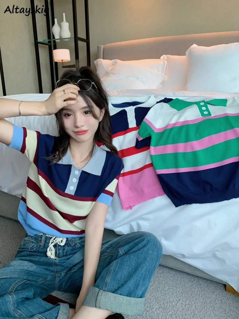 

Short Sleeve T-shirts Women Popular Hot Sale Vintage Striped Young Korean Style Casual Knitted Fashion Футболка Summer Preppy BF