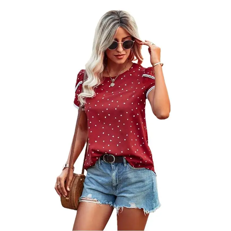 

2022 Women Summer Wave Point Lace Short Sleeve O-Neck Boho Tshirts Casual Loose Sweet Syle Pullover Ladies Polka Dot Tee Tops