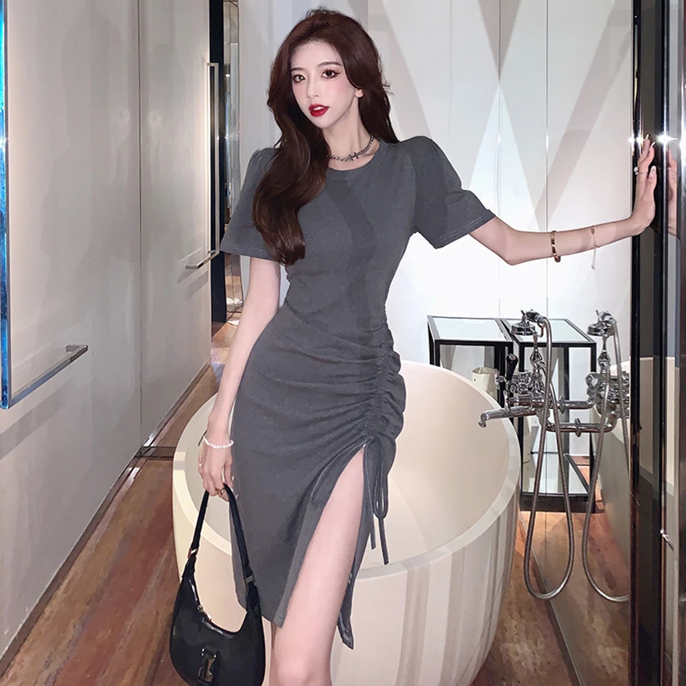 

Korean Fashion Drawstring Folds Split Harajuku Short Sleeve O-Neck Slim Waist Dresses Elegant Solid T-shirt Dress For Women 2022