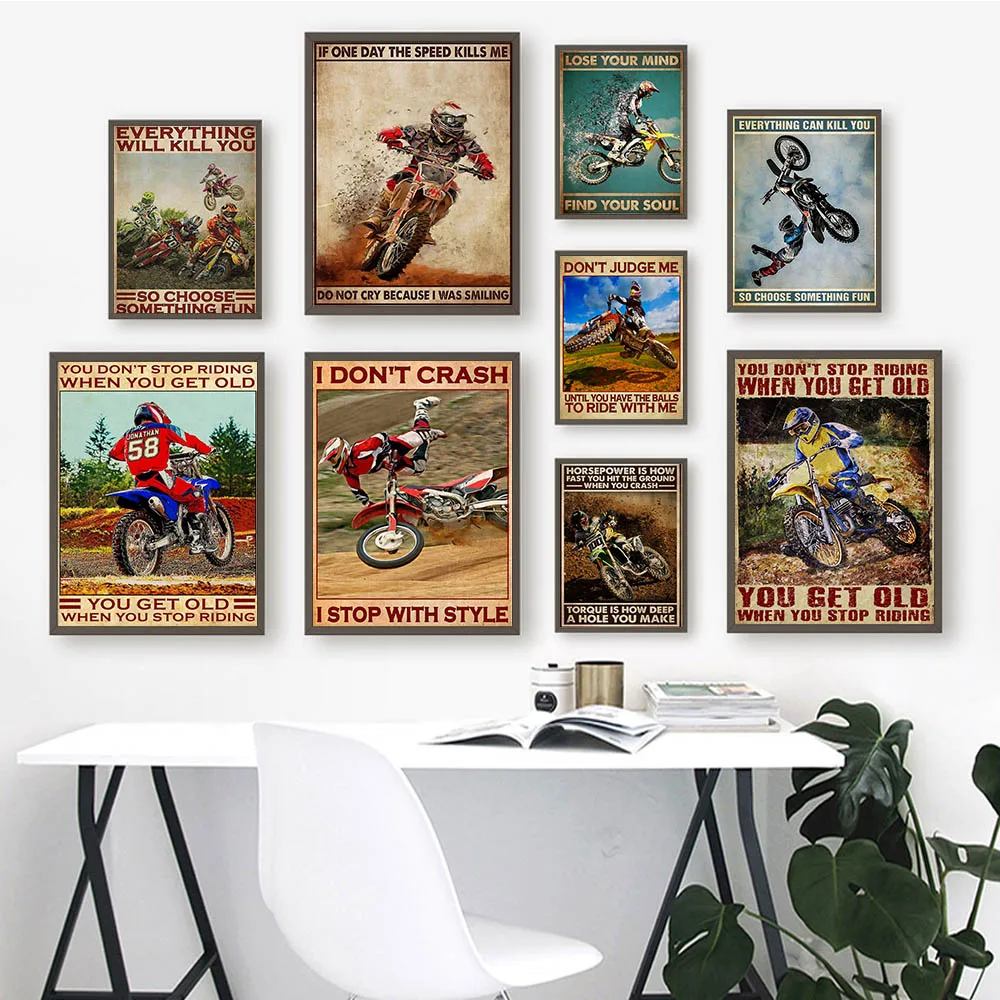

Retro art cross country motorcycle rider canvas painting fashion slogan Wall Art Poster living room home decoration mural