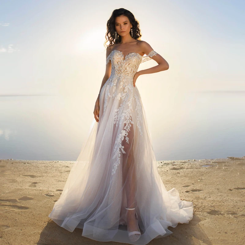 

Exquisite A-line Wedding Dress Sweetheart Off Shoulder Appliqued Sleeveless Bridal Gown Ruffles Illusion Tulle Vestidos De Novia