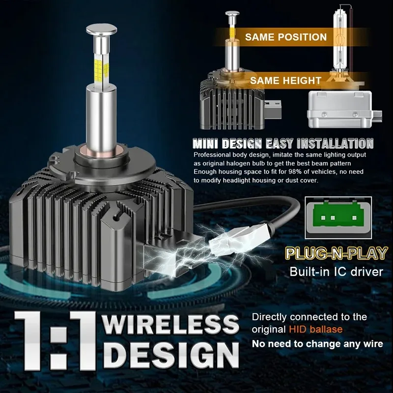 Фото D3S D1S Светодиодные фары CANBUS D2S D4S D5S D8S 360 Светодиодная турболампа D1R D2R D3R D4R HID Размер 1:1, Plug&Play 6000K 5500 Вт Высокая мощность №3