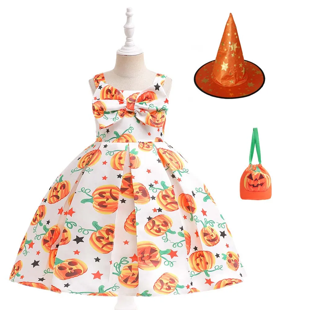 

Платье принцессы с принтом тыквы на Хэллоуин, без рукавов, для девочек, косплей, одежда для вечеринки, ведьма, шляпа и рюкзак, комплект из тре...