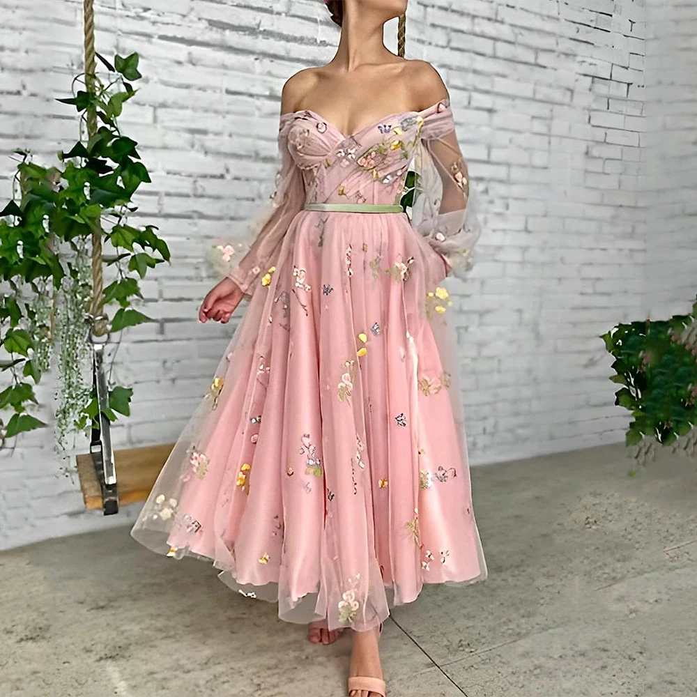 

Изысканные вечерние платья с красивыми аппликациями, с открытыми плечами, V-образным вырезом, трапециевидные, с рукавами-иллюзией, с открытой спиной, вечерние платья для выпускного вечера