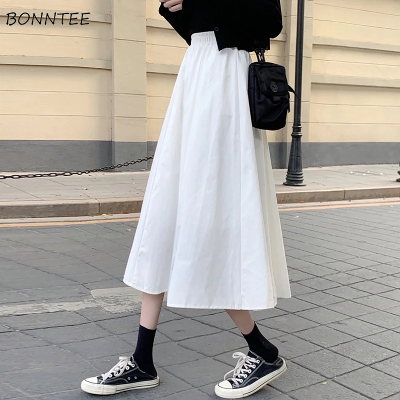 

Skirt Women All-match Mid-calf Students Summer Trendy Elastic Waist Casual Friends A-line Solid Simple Empire Folds Korean Style