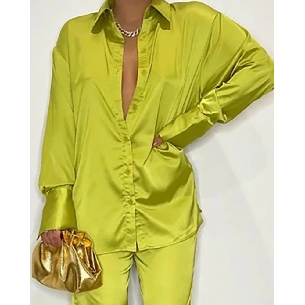 S-2XL Autumn Women Buttoned Satin Loungewear Long Sleeve Shirt & High Waist Pants Set Solid Sleepwear Homewear Pajamas Set