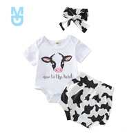 new summer infant born baby girls 3 pcs outfits suits cute cows printed short sleeve romper tops shorts headband sets