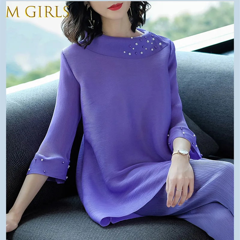 

M GIRLS Pleated Spring Summer New Women Elegant 2 Pieces Sets Large Size Flare Beading Tops and Mid-calf Pant Set Famale Suits