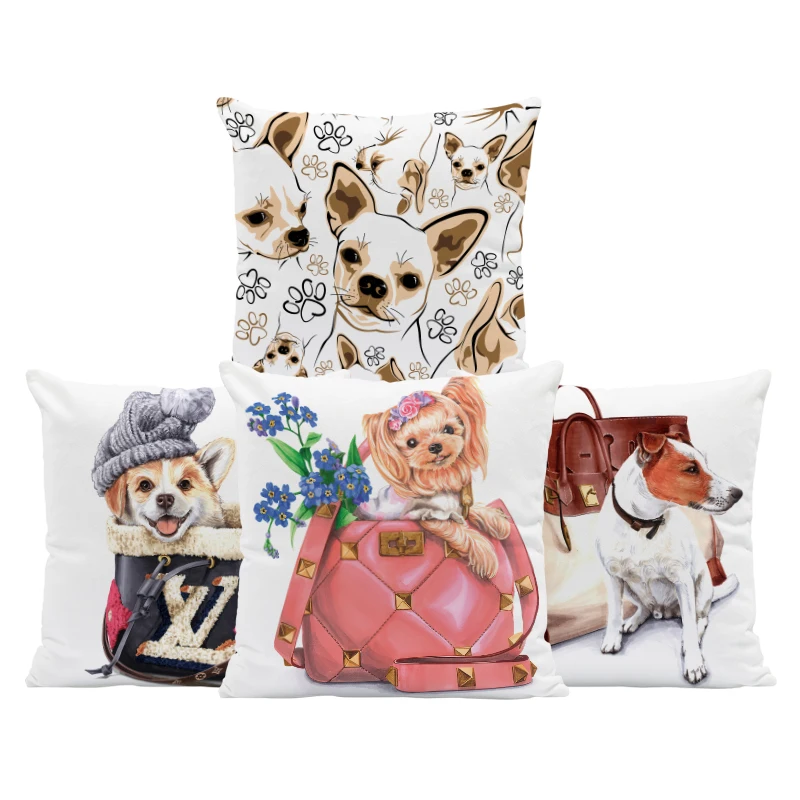

Brand Cushion Cases Chihuahua Dog Footprints Hello Pink Bow Brown Bag Velvet Art Deco Pillow Case Covers Euro Sofa Kids