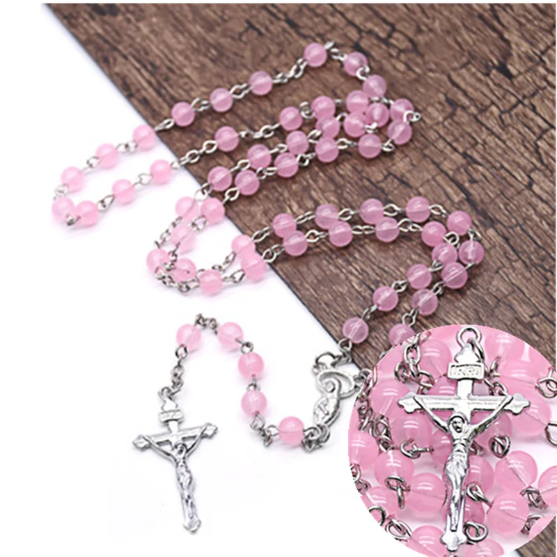 

New Pink Glass Bead Cross Rosary Ladies Necklace Virgin Mary Catholic Prayer Chain Jewelry Ornament Gifts For Women Fashion
