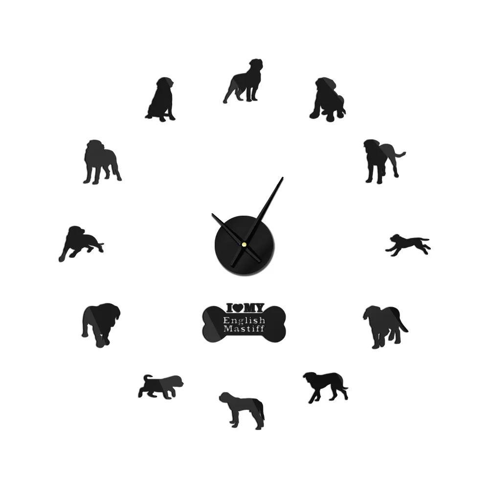 

English Mastiff Original Dog Quiet Sweep Mirror Surface DIY Clock Decorative For Marker Lover Pet Owner Office Living Room