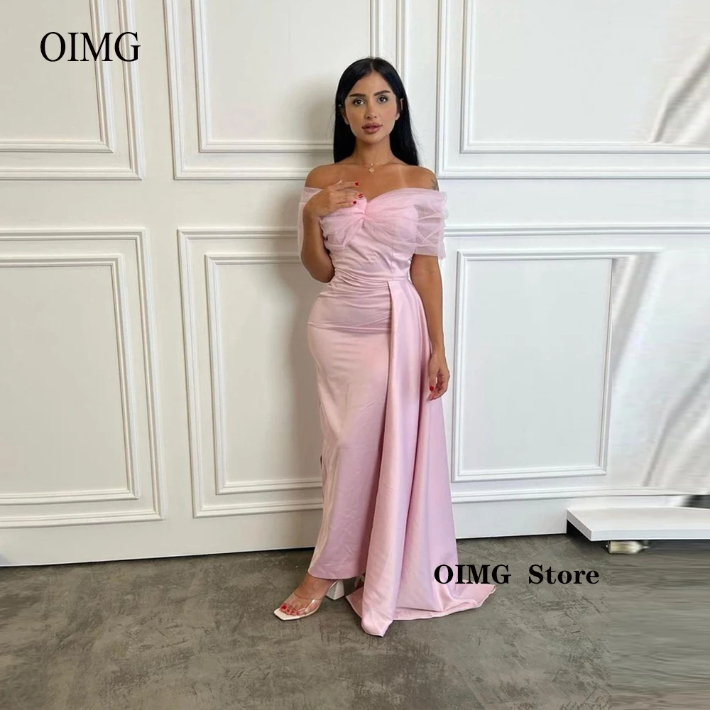 

Simple Pink Saudi Arabic Women Formal Party Evening Dresses Off The Shoulder Sleeves Ankle Length Prom Gowns Event Occasion