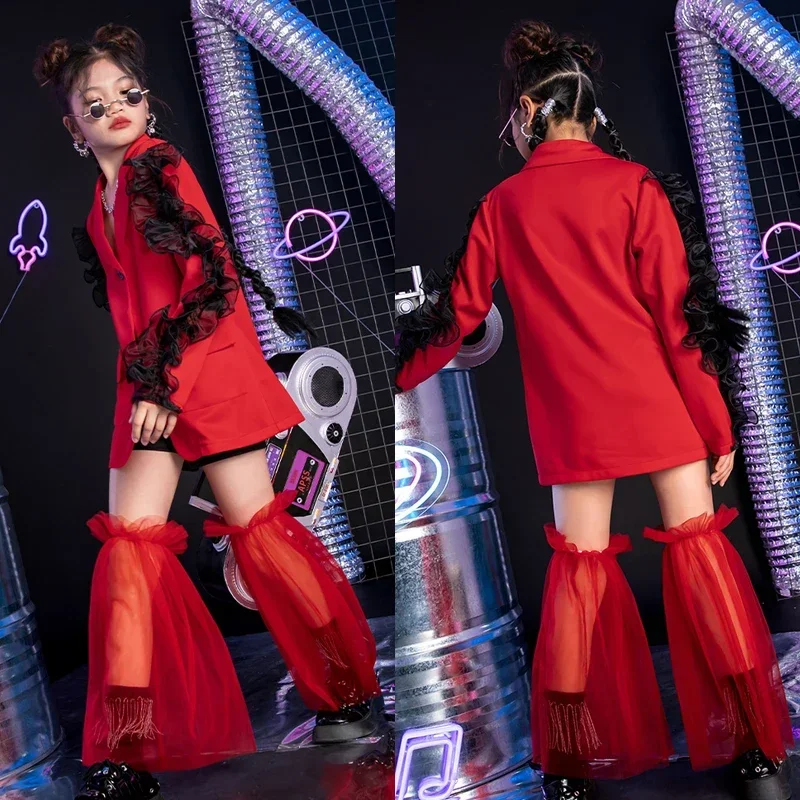 Детский наряд для подиума на сцене одежда Kpop девочек красный костюм детская