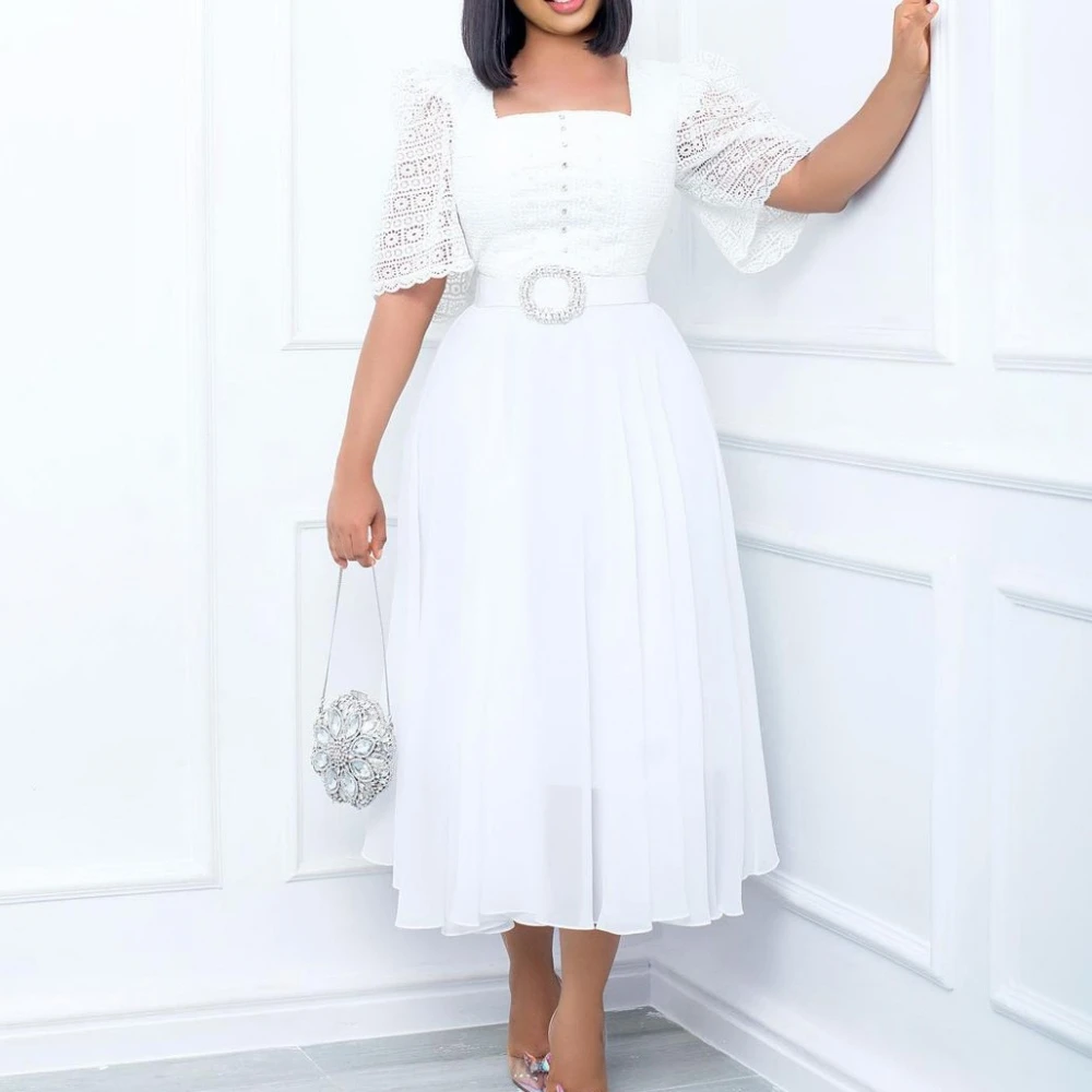 

Women White Black Dress Short Sleeves See Through Turn Down Collar Elegant Pleated Buttom Up Modest Midi Robes Classy Large Size