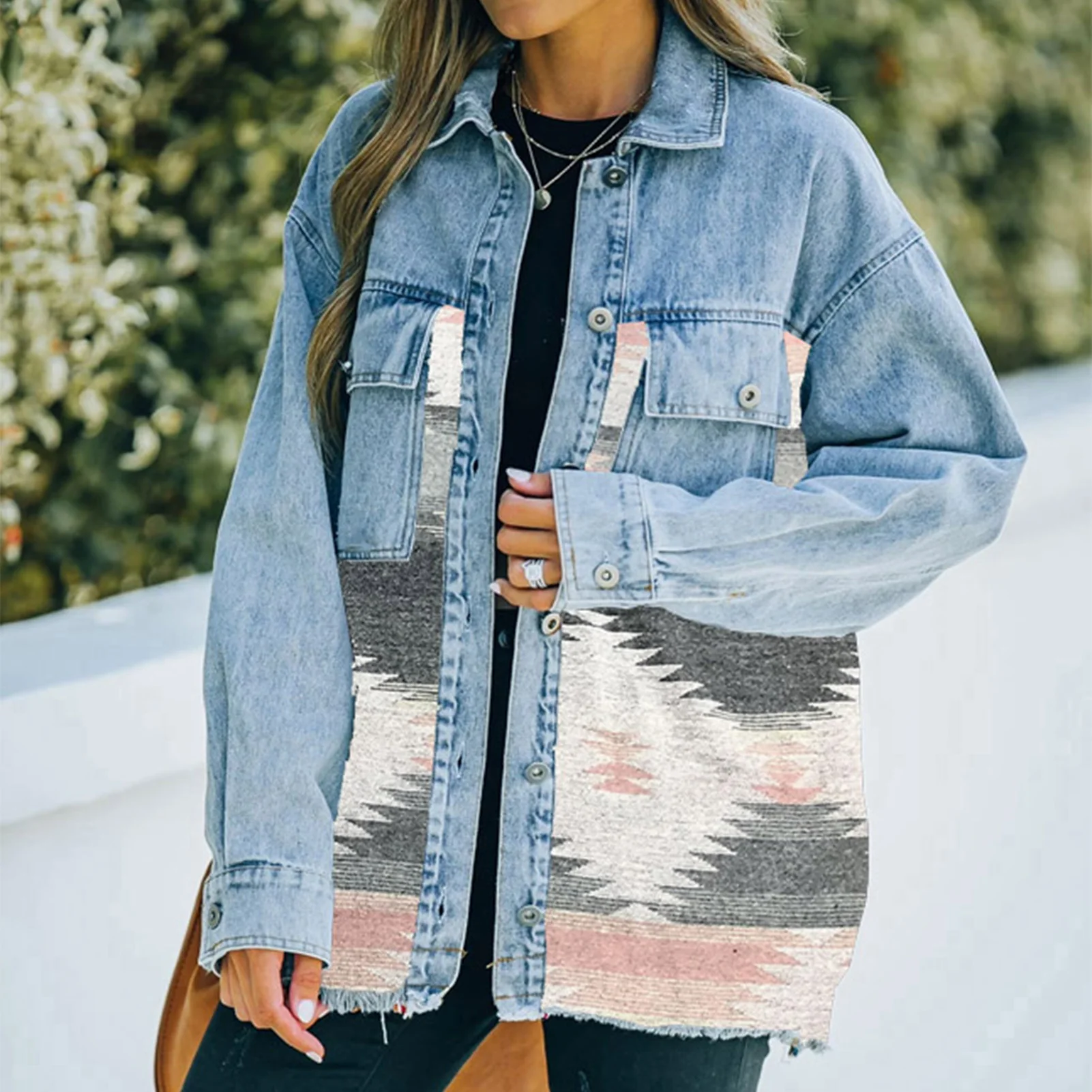 

Pockets Denim Stitching Jacket Drop Shoulder Women Geometric Pattern Coat Loose Fit Casual Jacket Color Contrast Female Outwear
