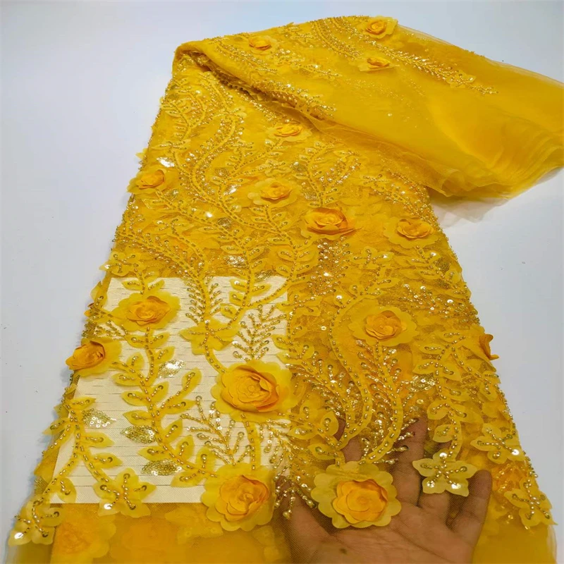 

African Sequins Lace Fabric 2022 3D Lace High Quality French Nigerian Groom Lace Fabric For Sewing Dress Wedding Party cd23-50