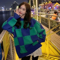 green plaid color block stitching sweater women jumper knitted pullover korean style sweet vintage blouse kpop knitted emo tops