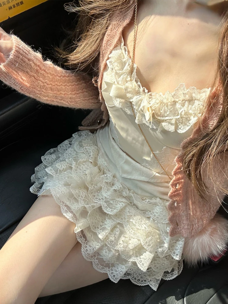 

Женский кружевной костюм из двух предметов, повседневный костюм с французской винтажной юбкой и короткой юбкой в японском стиле, модель 2023 года