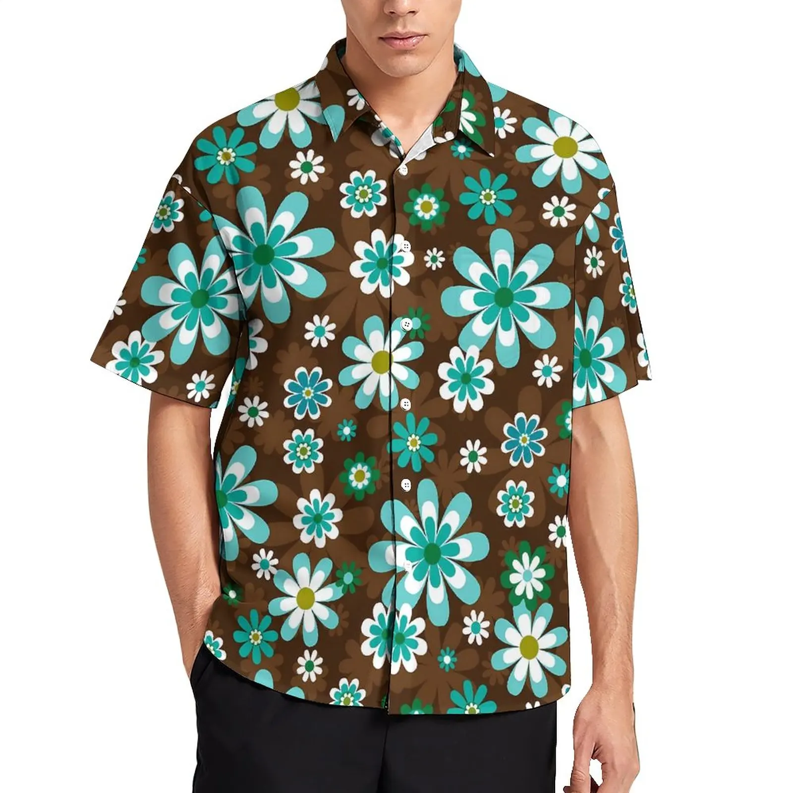 

Retro Mod Flowers Loose Shirt Man Beach Brown and Blue Casual Shirts Hawaii Custom Short Sleeve Streetwear Oversize Blouses