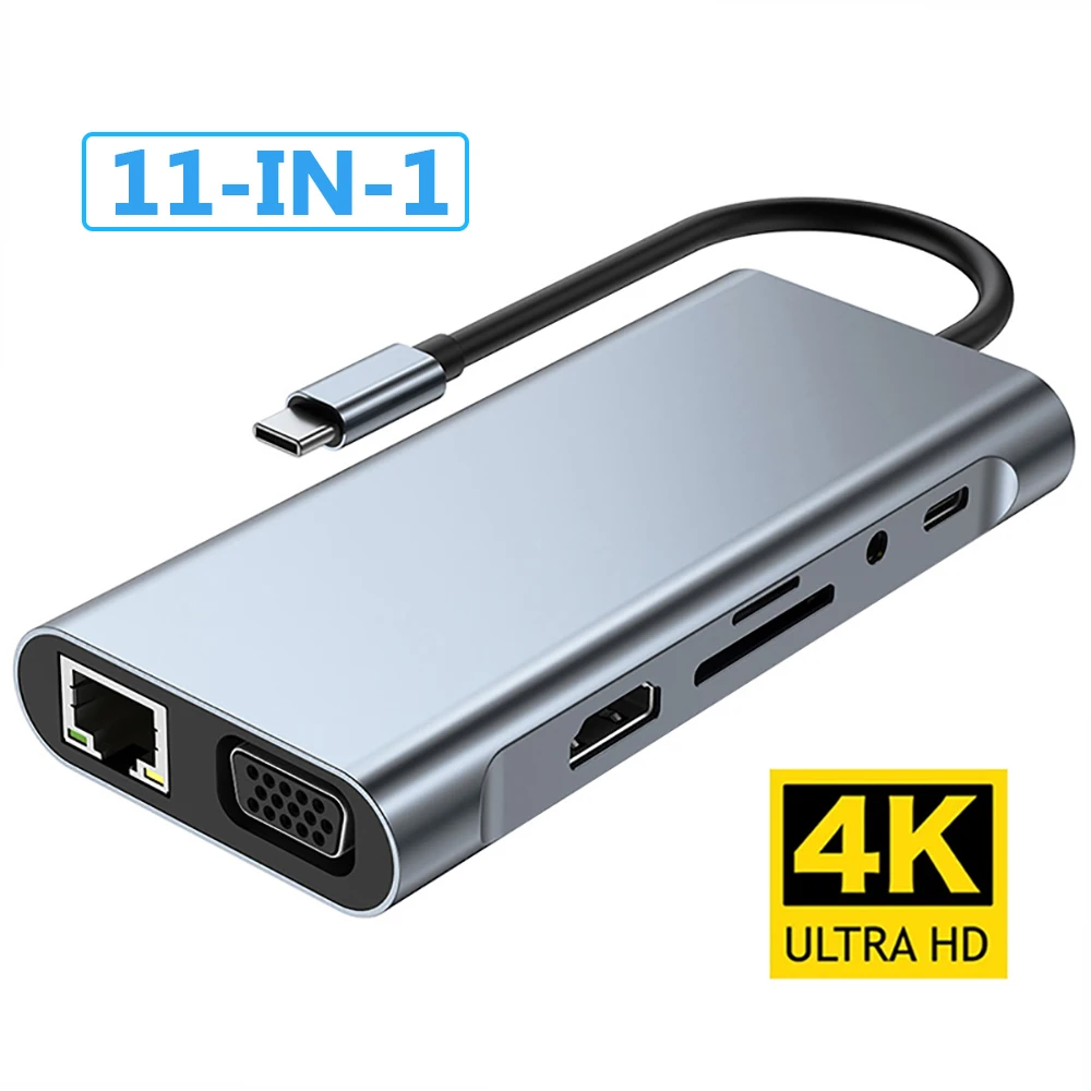 

11 в 1 4K USB C 3,0 концентратор Тип C HDMI-совместимый адаптер USB 3,0 Тип C концентратор док-станция PD 87 Вт USB C разветвитель для MacBook Pro Air