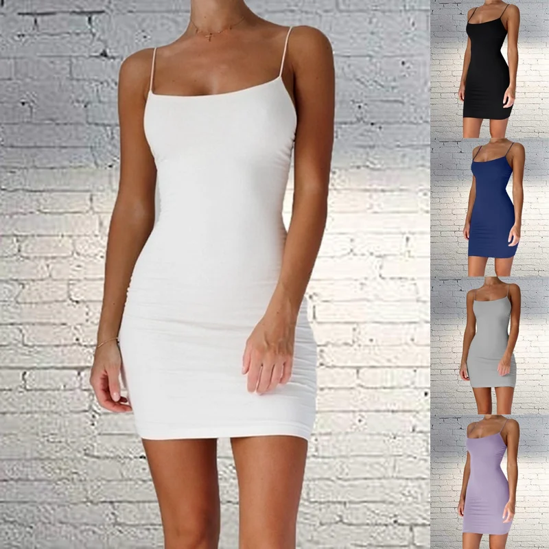 

Bodycon Mini Dresses for Women Straps Sleeveless Camisole Dress Summer Casual Sexy Ladies Night Club Wear Slim Short Dresses