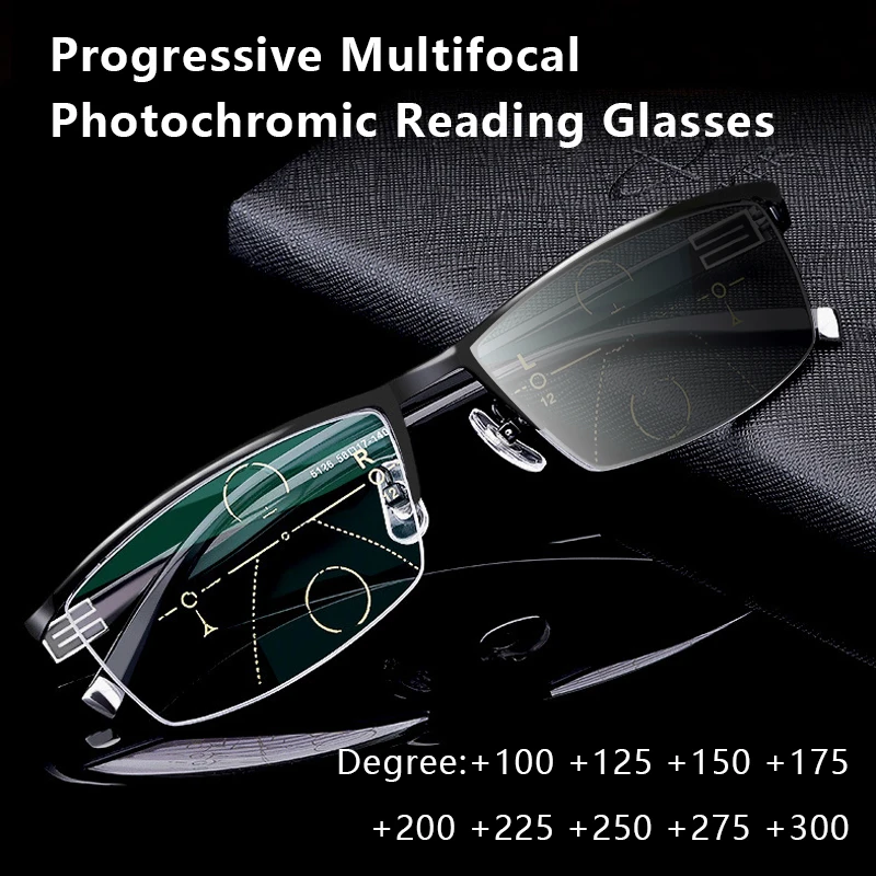 

Sun Photochromic Multifocal Reading Glasses Men Fashion Quality Half Frame Black Progressive Hyperopia Eyeglasses Look Far Near