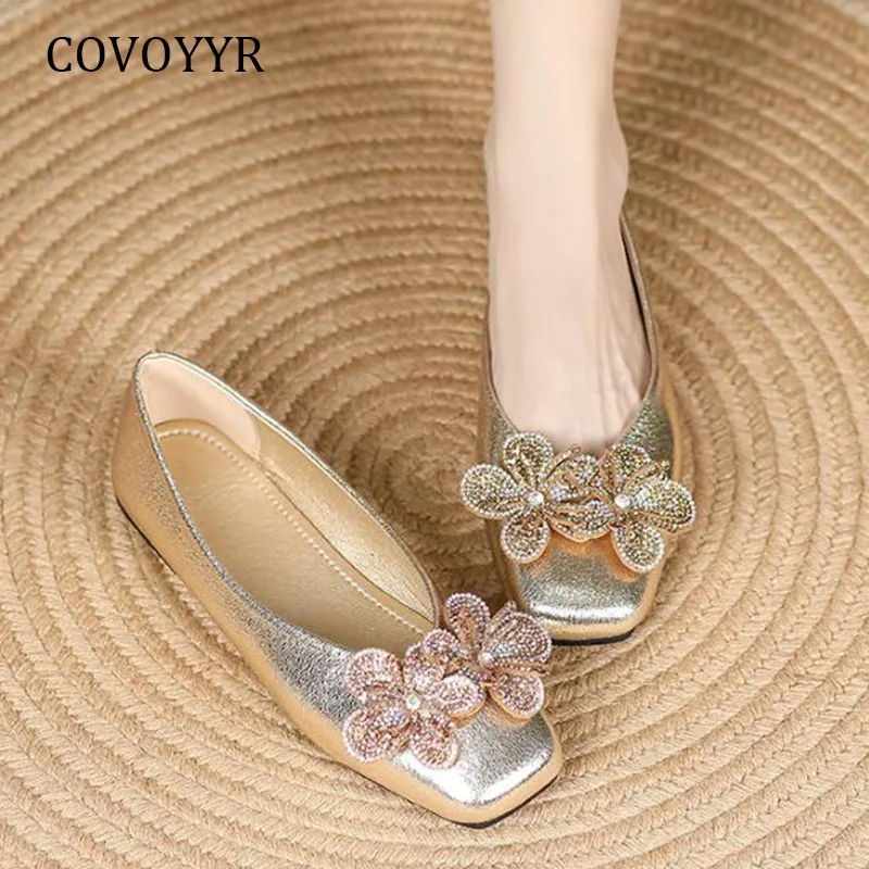 

COVOYYAR Flower Women Flat Shoes Autumn Women Shoes Golden Party Bridal Ballet Flat Shoes Slip on Loafers Big Size WFS4140