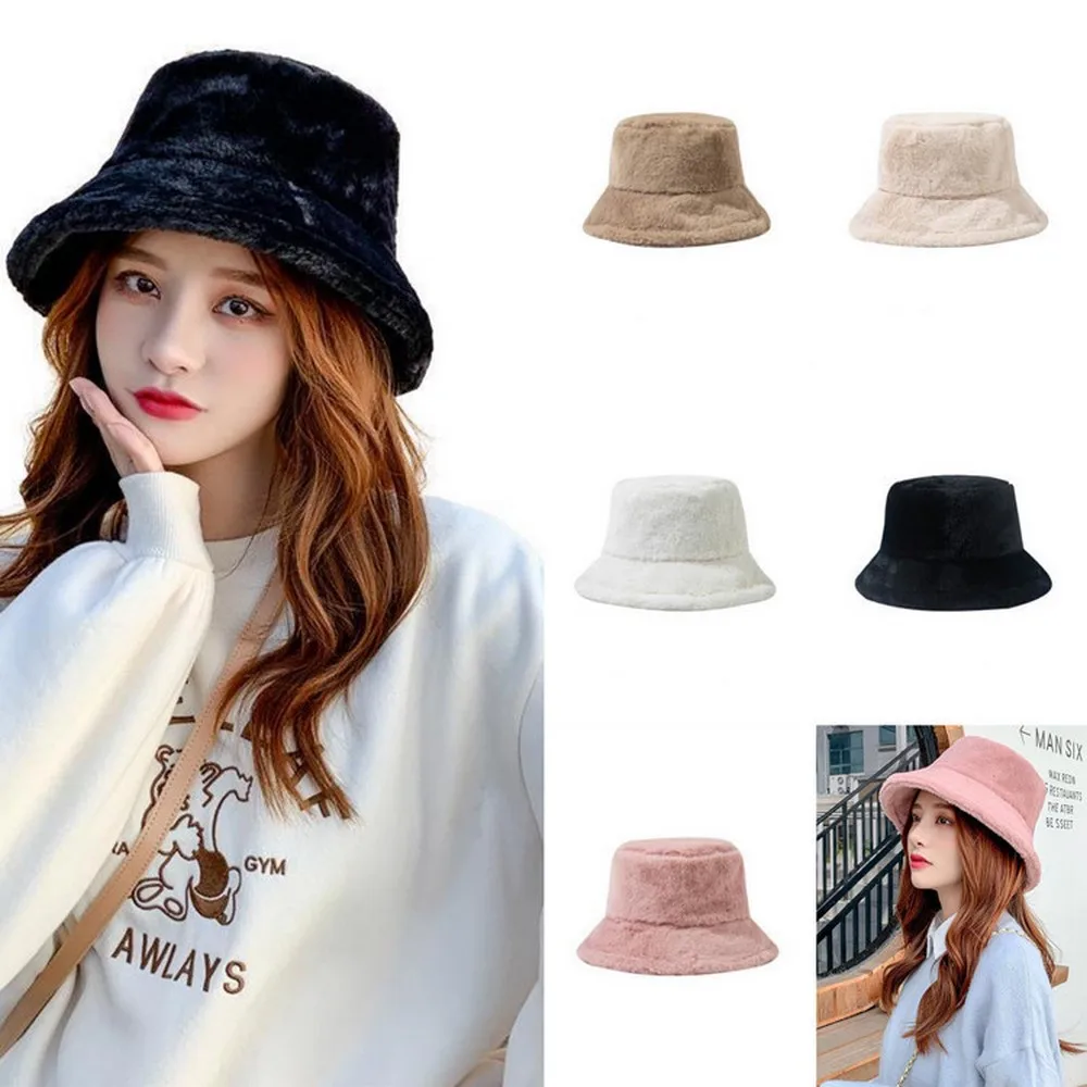 Female Bucket Hats Autumn And Winter Caps For Women Faux Rabbit Fur Warm Plush Outdoor Fashion Ladies Flat Top YF0135