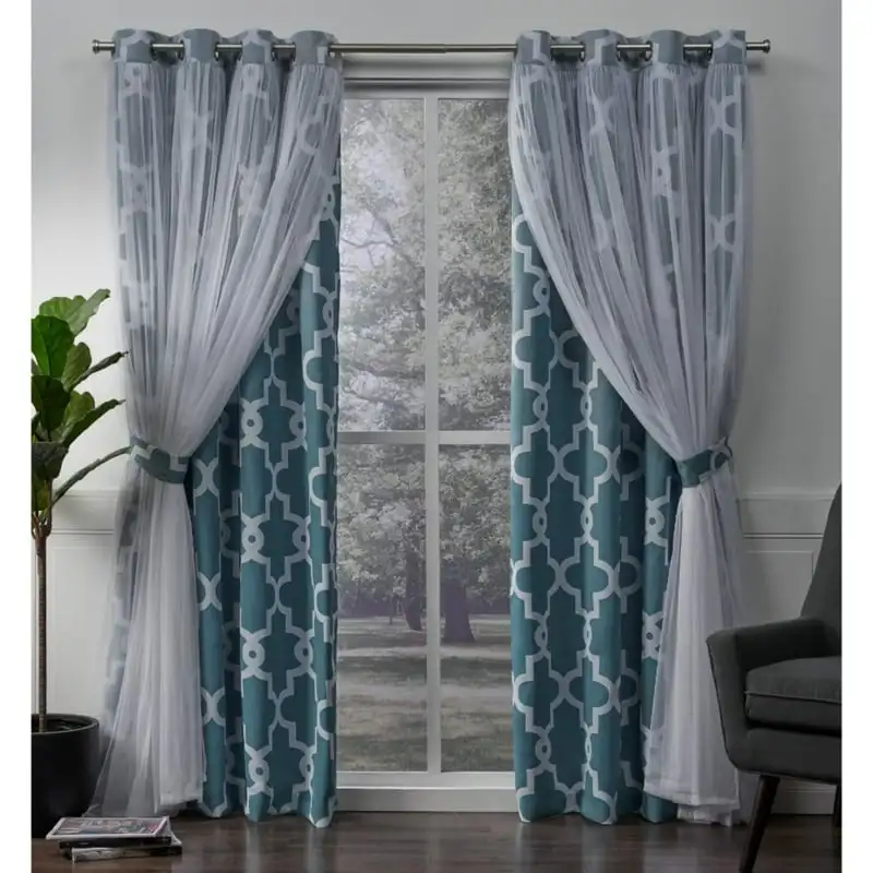 

2 Pack Alegra Layered Geometric Blackout and Sheer Grommet Top Curtain Panels, Turquoise, 52x96