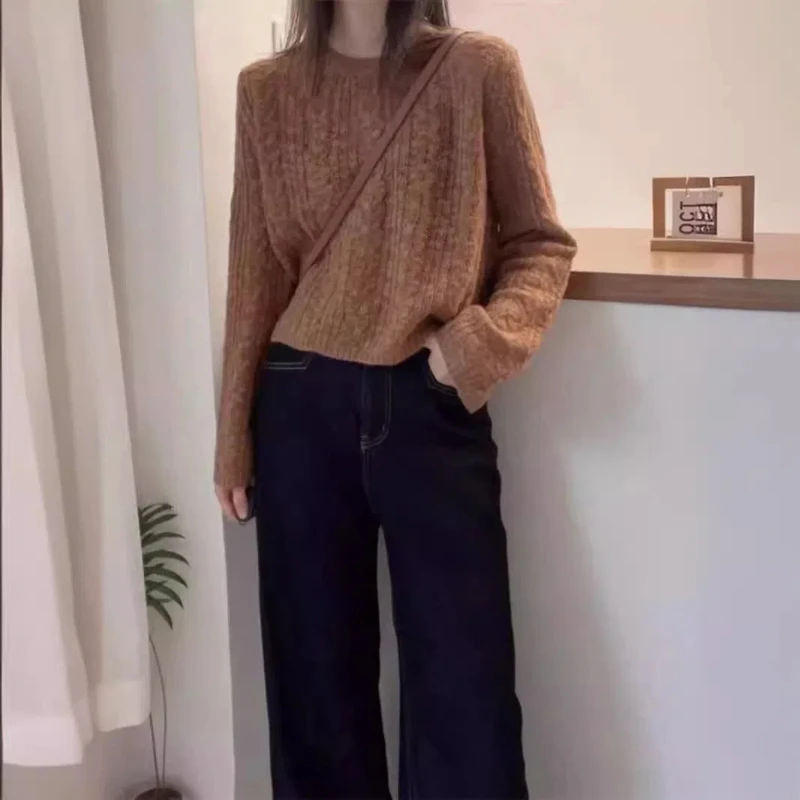 Весенне-осенний новый однотонный модный свитер с круглым вырезом и длинными