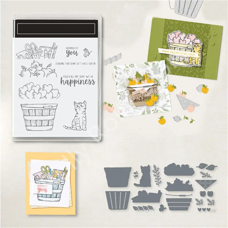 

2022 New Cat Bucket Metal Cutting Dies And Clear Stamps For Diy Dies Scrapbooking Paper Cards Embossing Decoration Album Crafts