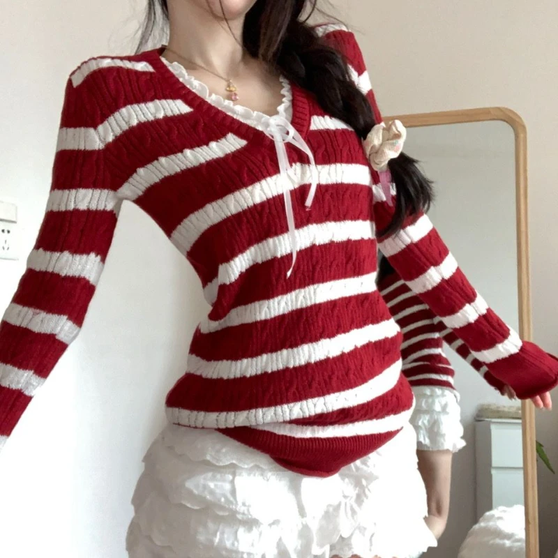 Deeptown милый полосатый свитер женский элегантный красный вязаный пуловер