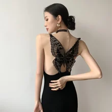 HOUZHOU vestido Midi negro con espalda descubierta para mujer, vestido Sexy elegante con bordado de mariposas, malla ahuecada con tirantes finos, Bodycon para fiesta (4)