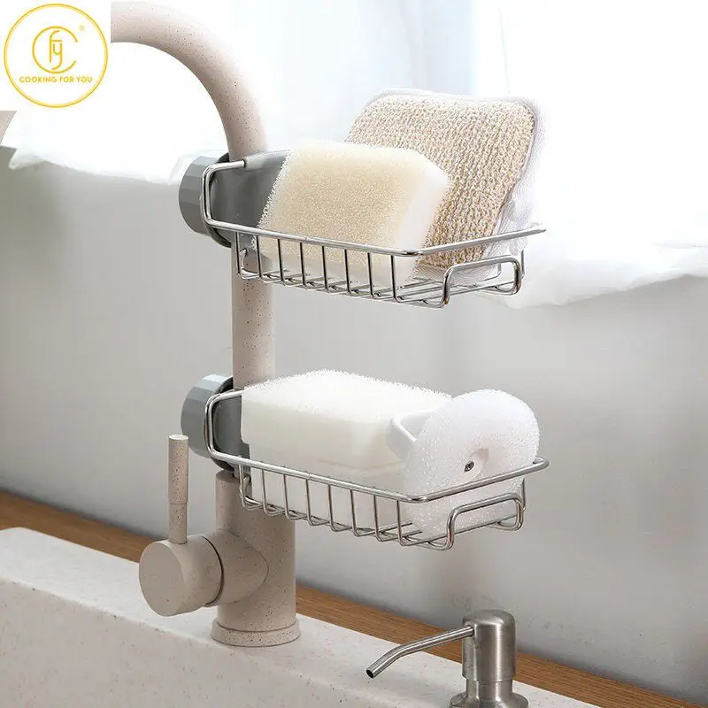 

Family Stainless Steel Faucet Hanging Rack Sink Organizer Kitchen Gadgets Button Type Home Faucet Racks Detergent Storage Holder
