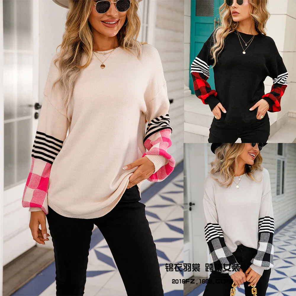 

2022 Autumn New European and American Style Women's Bottoming Shirt Round Neck Collage Fashion Large Size Sweater