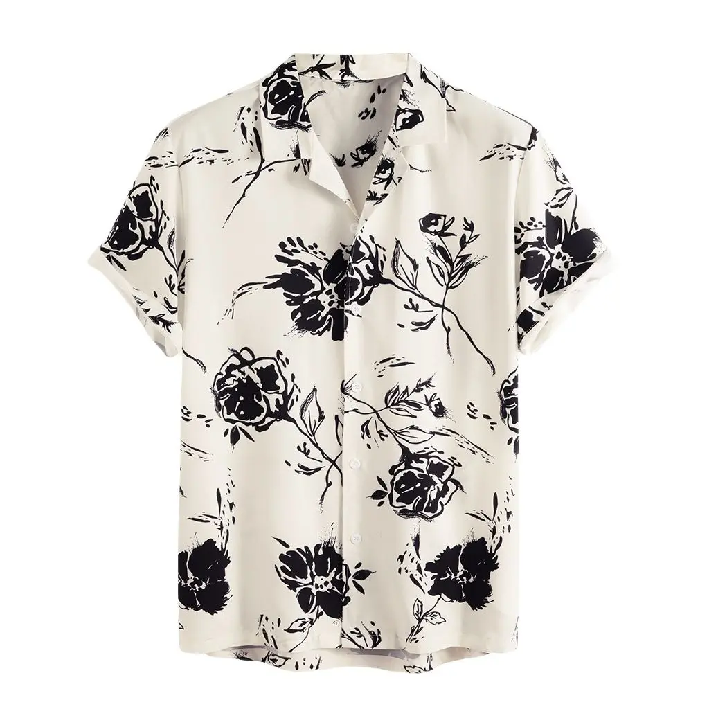 2023 Summer Rose Flower Print Simple Shirt Men's Casual Short-sleeved Top Beach Party Shirts Male Clothes Loose Hawaiian Shirt