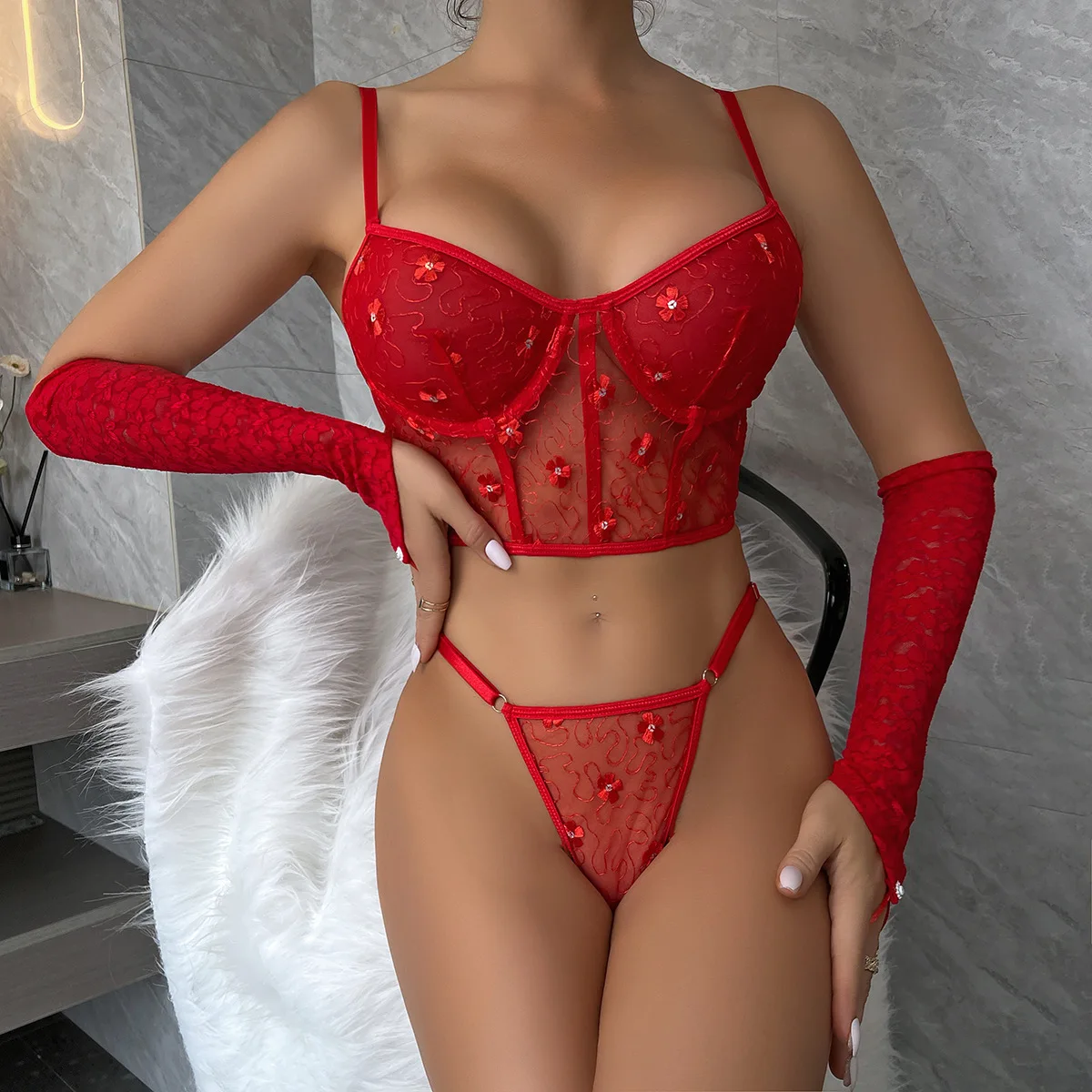 

Exotic Women's Sexy Red Lingerie Sequins Embellished Erotic Camisole Bra Thong Two-Piece Set Couple Valentine's Day Gift Bikini