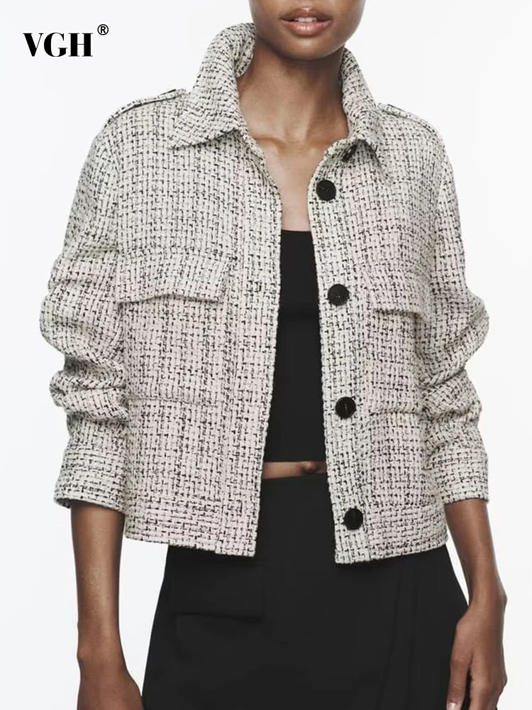 

VGH Tweed Plaid Minimalist Coats For Women Lapel Long Sleeve Spliced Pockets Single Breasted Elegant Jacket Female Fashion New