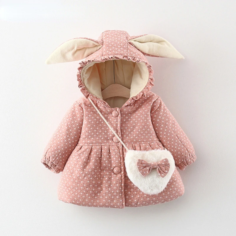 Fall Winter Korean Hooded Warm Thicker Coat for Girls Toddler Cartoon Jacket Cute Outerwear+Bag Newborn Clothes Windbreaker Girl
