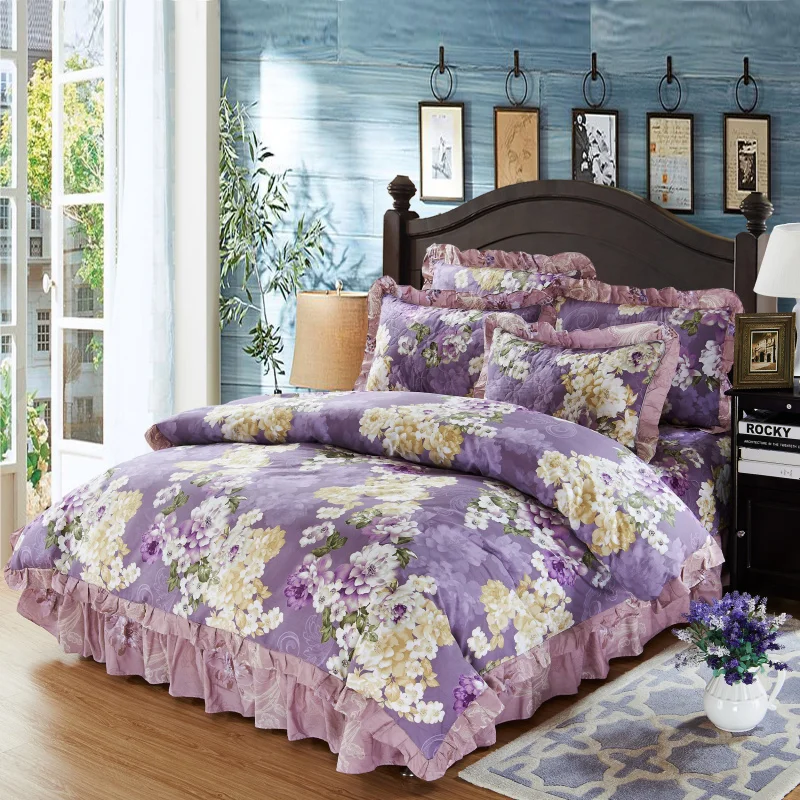 

4/6Pcs 100% Cotton Quilted Soft Bedspread Purple Pink Shabby Floarl Bedding sets Queen King size Ruffle Duvet cover Pillowcases