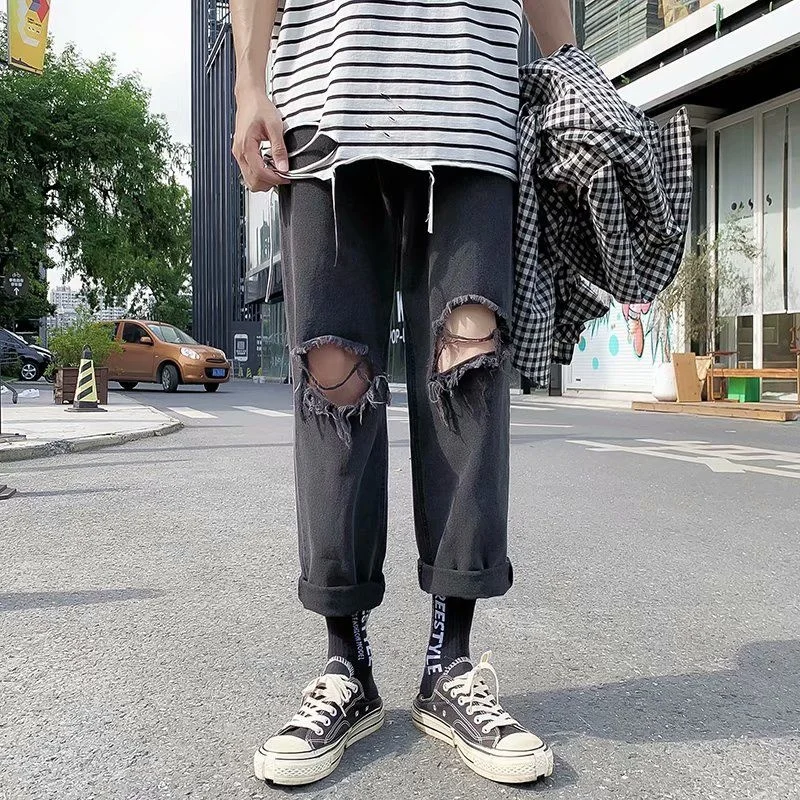 Summer Blue/Black Ripped Jeans Men Fashion Casual Straight Jeans Men Streetwear Loose Hip Hop Hole Denim Pants Mens Trousers