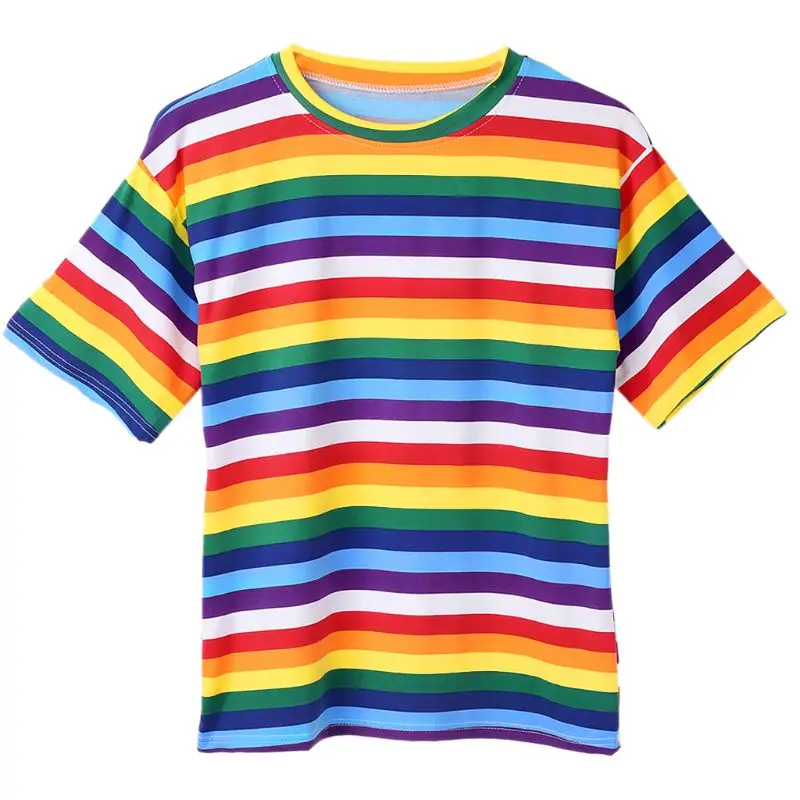 

New style Women Girls Plus Size Half Sleeves Harajuku T-Shirt Rainbow Contrast Colored Cross Stripes Printed Blouse Oversized