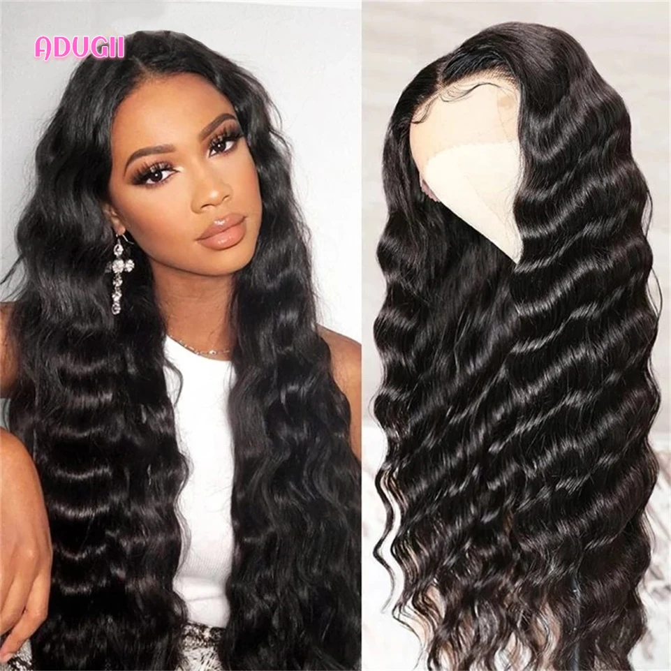 Adugii Hair Loose Deep Wave Lace Front Wigs For Black Women Deep Curly Human Hair Wig Transparent Closure Wig 30 Inch Remy Hair