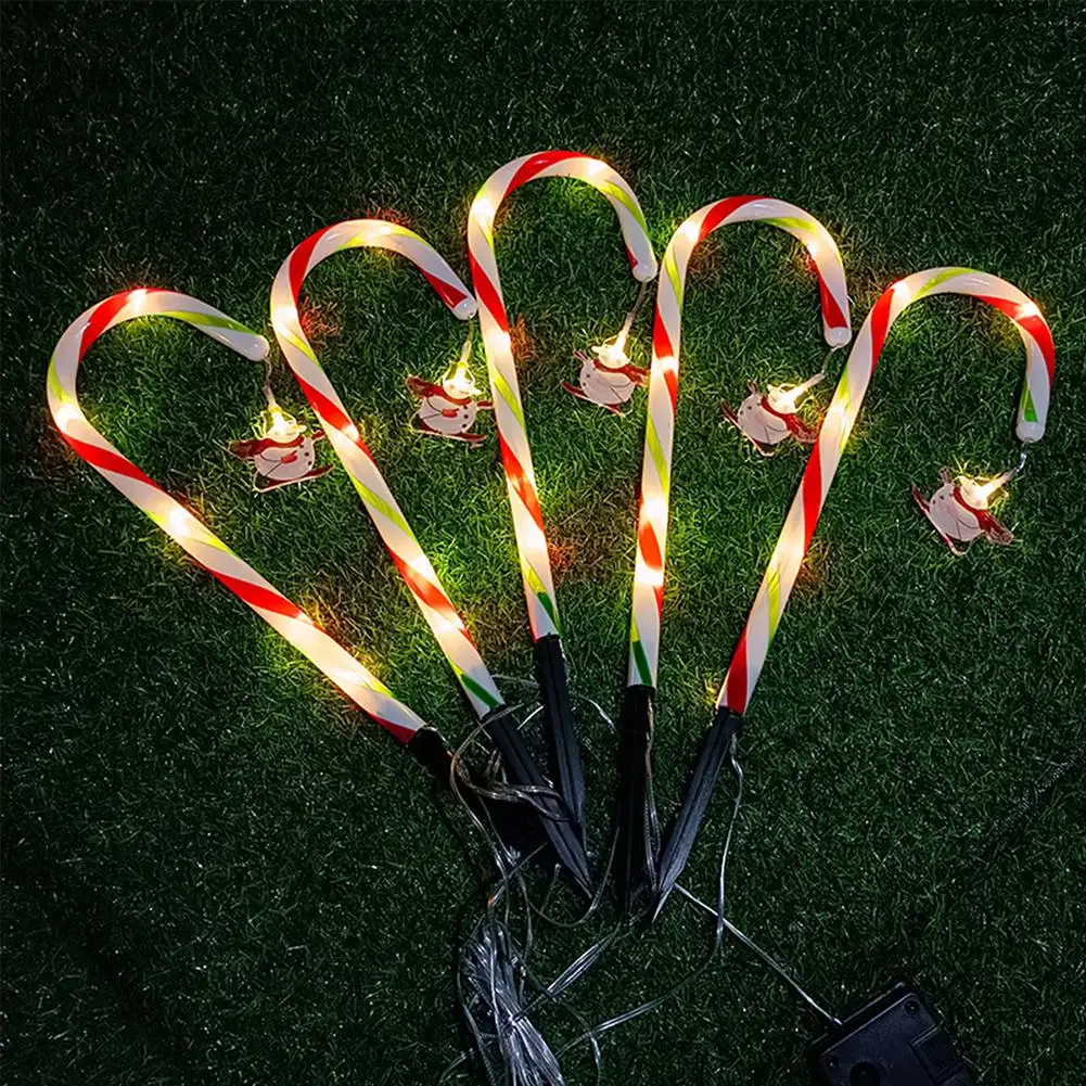 

5Pcs Christmas Solar Candy Cane Light With Pendent Led Ground Plug Crutch Lamp For Outdoor Lawn New Year Garden Decoration