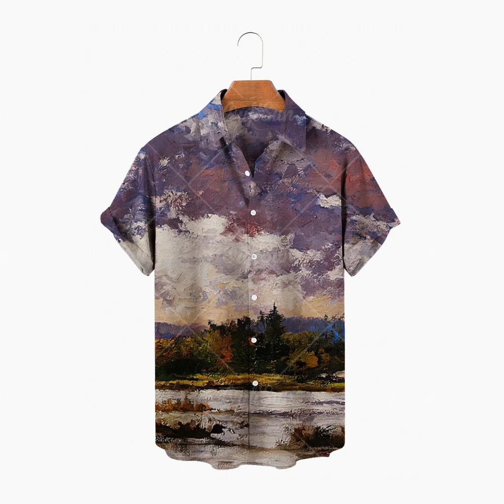 

Summer casino men's shirt top casual short-sleeved Hawaiian shirt stand-up collar strip printing cool thin shirt men's dress men